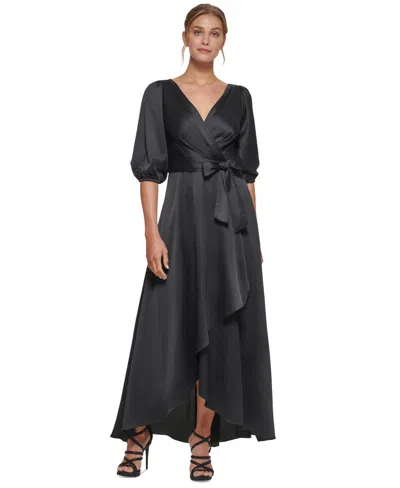 Dkny Balloon-sleeve Faux-wrap Gown In Black