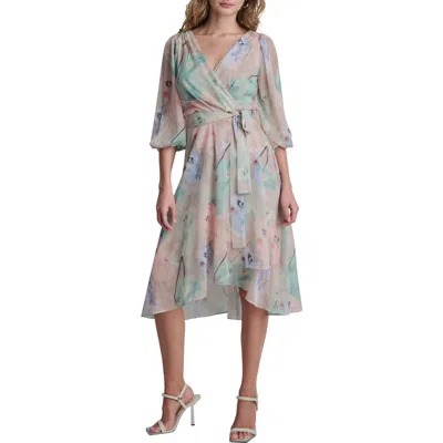 Dkny Balloon Sleeve Faux Wrap Midi Dress In Metallic
