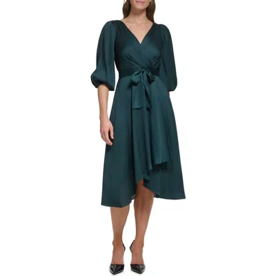 Dkny Balloon Sleeve Faux Wrap Midi Dress In Green