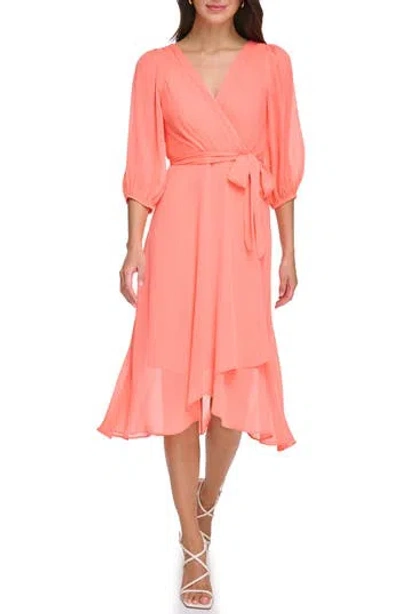 Dkny Balloon Sleeve Mock Wrap Dress In Pink