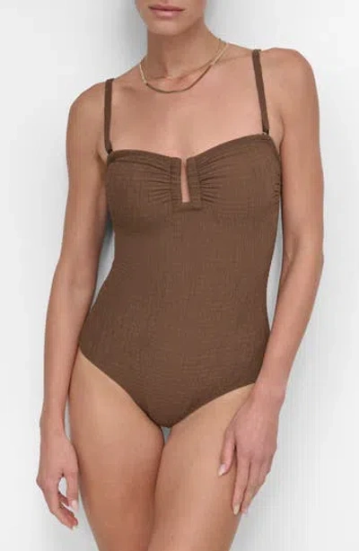 Dkny Bandeau Shirred One-piece Swimsuit In Brown