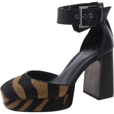 Dkny Barracf Womens Animal Print Calf Hair Ankle Strap In Black/ Latte