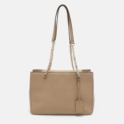 Dkny Beige Leather Bryant Park Chain Tote In Brown