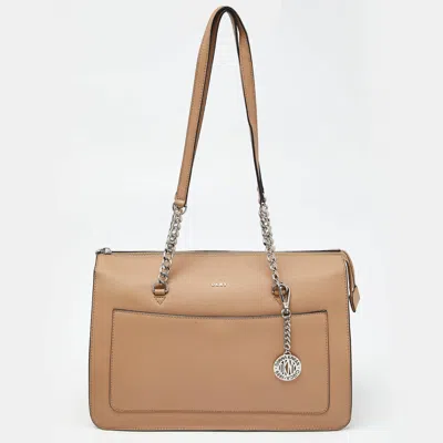 Dkny Beige Leather Large Bryant Chain Zip Tote In Brown
