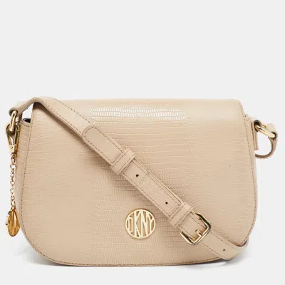 Pre-owned Dkny Beige Lizard Embossed Leather Logo Shoulder Bag