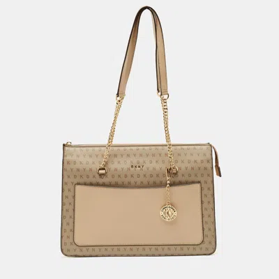 Dkny Beige Monogram Coated And Leather Large Bryant Chain Zip Tote In Neutral