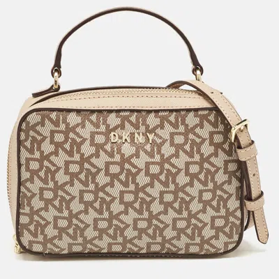 Pre-owned Dkny Beige Monogram Coated Canvas And Leather Top Handle Bag