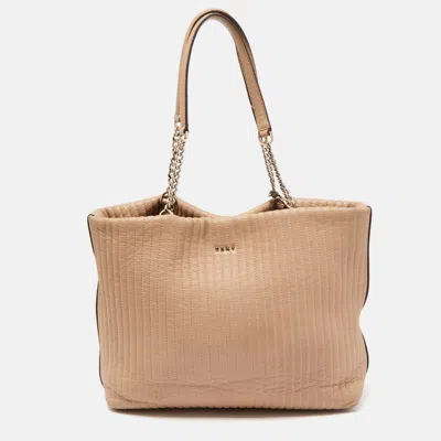 Dkny Beige Quilted Leather Chain Tote In Brown