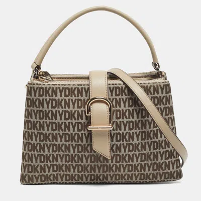 Pre-owned Dkny Beige Signature Canvas And Leather Deena Top Handle Bag In Sand