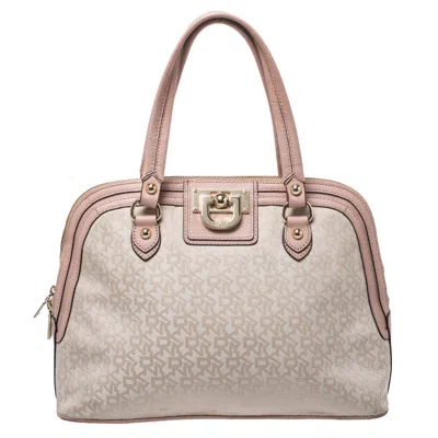 Dkny /beige Signature Canvas And Leather Dome Satchel