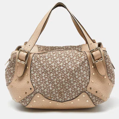 Pre-owned Dkny Beige Signature Canvas And Leather Studded Hobo
