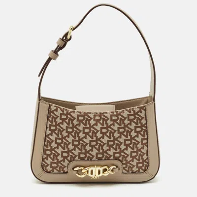 Pre-owned Dkny Beige Signature Canvas And Leather Valencia Shoulder Bag In Sand
