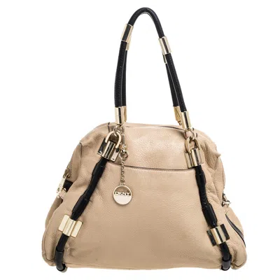 Dkny Beige/black Leather Metal Detail Satchel In Sand