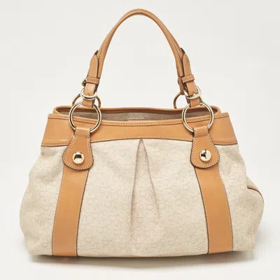 Dkny Beige/brown Monogram Canvas And Leather Front Zip Tote