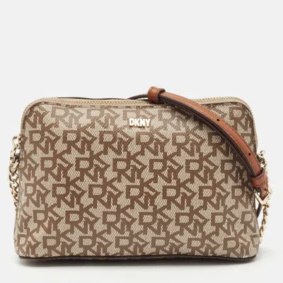 Pre-owned Dkny Beige/brown Monogram Coated Canvas And Leather Crossbody Bag In Sand