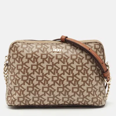 Dkny Beige/brown Monogram Coated Canvas And Leather Crossbody Bag