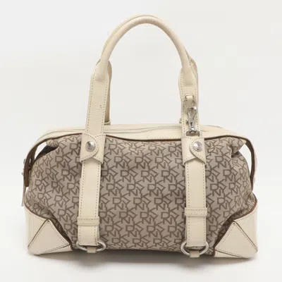 Pre-owned Dkny Beige/brown Signature Canvas And Leather Satchel In Sand