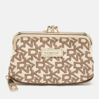 Dkny Beige/brown Signature Canvas Kisslock Frame Coin Purse In Neutral
