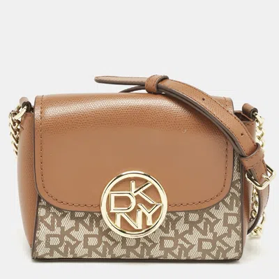 Pre-owned Dkny Beige/brown Signature Coated Canvas And Leather Crossbody Bag