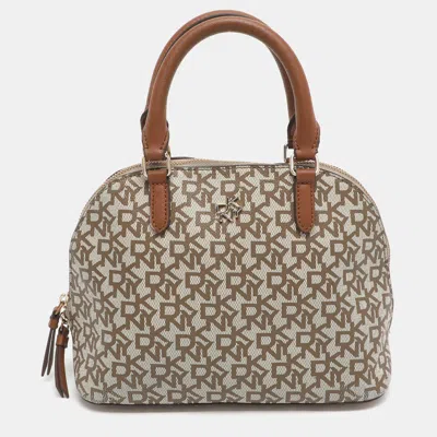 Dkny Beige/brown Signature Coated Canvas And Leather Dome Satchel