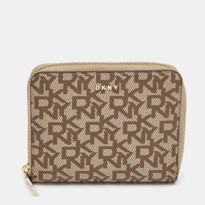 Dkny Beige/brown Signature Coated Canvas Zip Around Continental Wallet In Sand