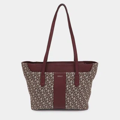 Dkny Beige/burgundy Canvas And Leather Tote