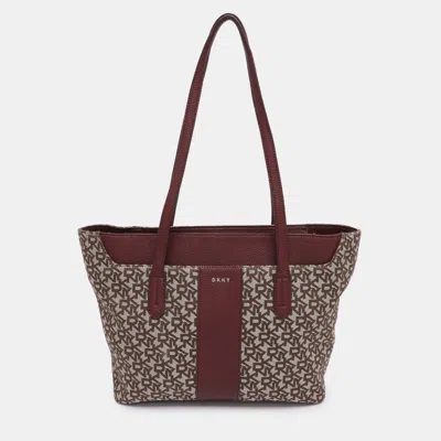 Pre-owned Dkny Beige/burgundy Canvas And Leather Tote In Sand