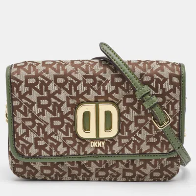 Pre-owned Dkny Beige/green Canvas And Leather Delphine Crossbody Bag