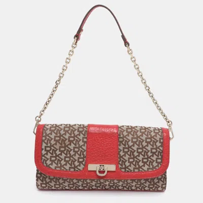 Pre-owned Dkny Beige/red Canvas And Leather Chain Shoulder Bag In Sand