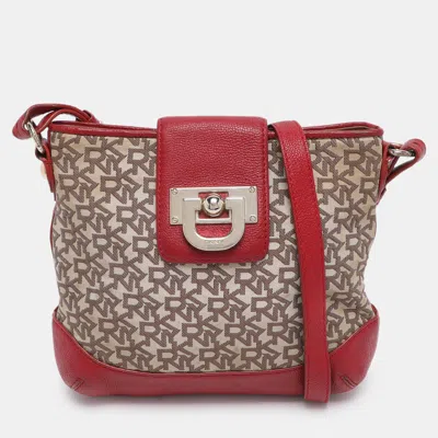 Pre-owned Dkny Beige/red Canvas And Leather Crossbody Bag