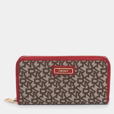 Dkny Beige/red Canvas And Leather Zip Around Wallet In Brown