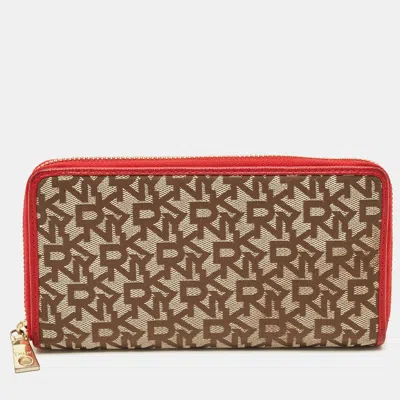 Dkny Beige/red Monogram Fabric Zip Continental Wallet In Sand