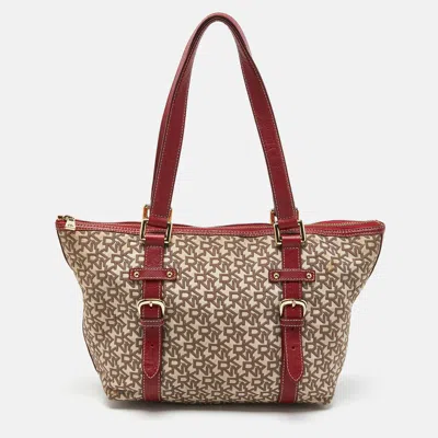Dkny Beige/red Signature Canvas And Leather Zip Tote