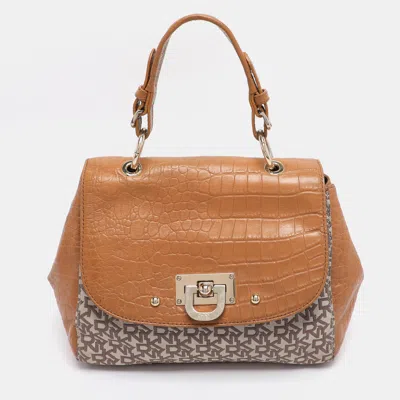 Pre-owned Dkny Beige/tan Canvas And Croc Embossed Leather Top Handle Bag In Sand