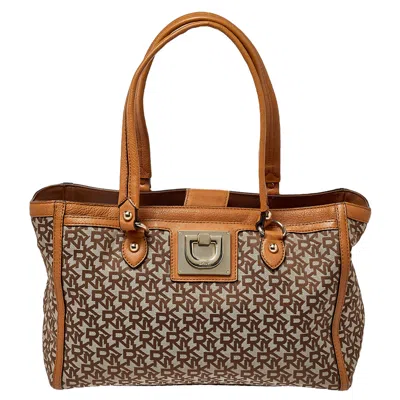Pre-owned Dkny Beige/tan Signature Canvas And Leather Tote