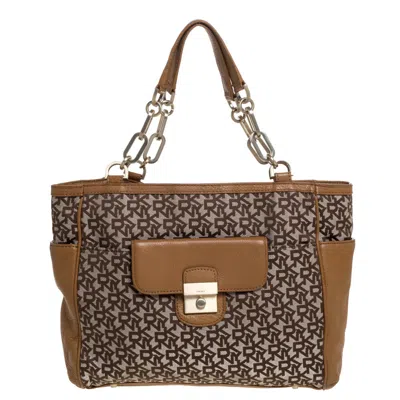 Dkny Beige/tan Signature Canvas And Leather Tote In Brown