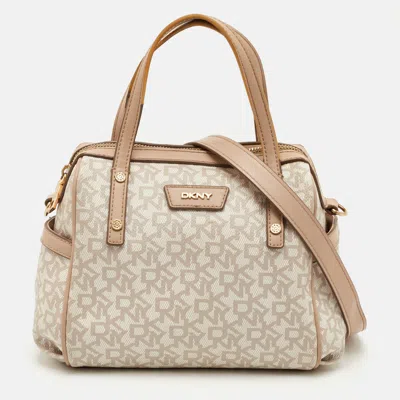 Dkny Beige/white Signature Coated Canvas And Leather Top Zip Satchel In Neutral