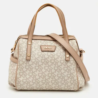 Pre-owned Dkny Beige/white Signature Coated Canvas And Leather Top Zip Satchel In Sand