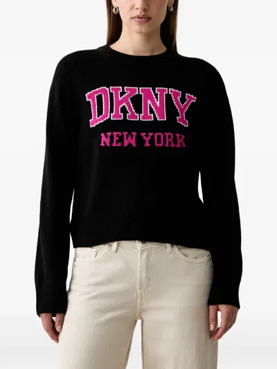 Dkny Bell Intarsia-logo Raglan-sleeve Sweater In Black
