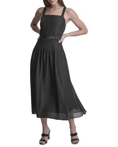 Dkny Belted Gazare Pleated Dress In Black