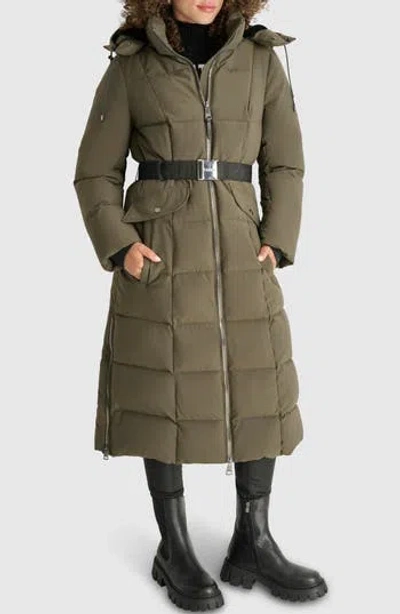 Dkny Belted Hooded Maxi Puffer Jacket In Loden