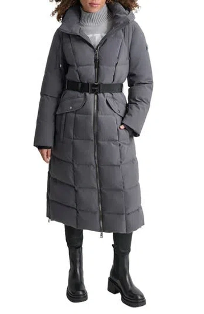Shop Dkny Belted Hooded Maxi Puffer Jacket In Titan