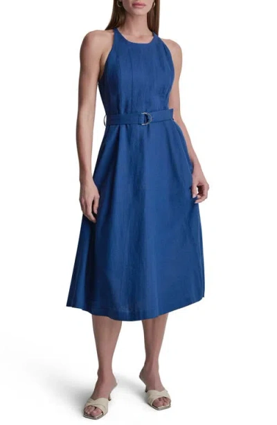 Dkny Belted Linen Blend Midi Dress In Blue