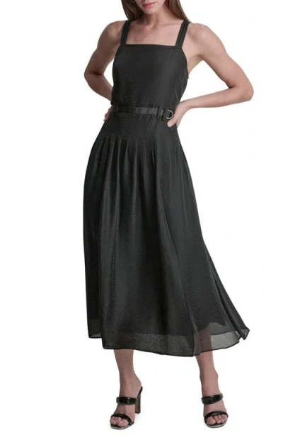 Dkny Belted Pleated Midi Dress In Black