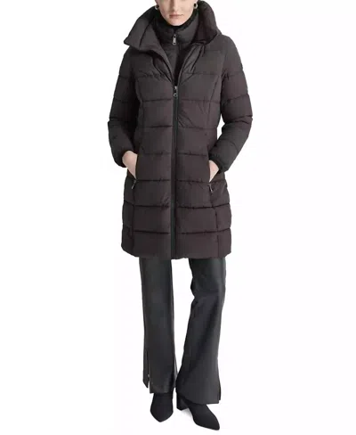 DKNY BIBBED HOODED ZIP-FRONT PUFFER COAT IN BLACK