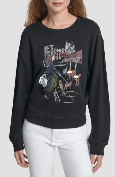 Dkny Bistro Conversational Cotton Blend Graphic Sweatshirt In Black