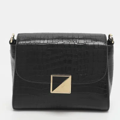 Pre-owned Dkny Black Croc Embossed Leather Crossbody Bag