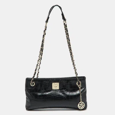 Pre-owned Dkny Black Croc Embossed Leather Shoulder Bag