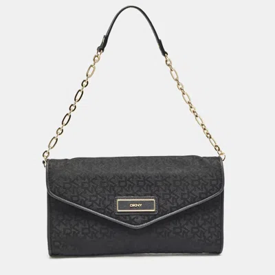 Pre-owned Dkny Black Monogram Canvas And Leather Envelope Flap Shoulder Bag