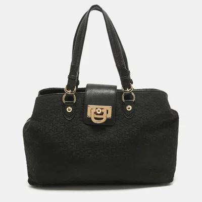 Dkny Black Monogram Canvas And Leather Flap Tote
